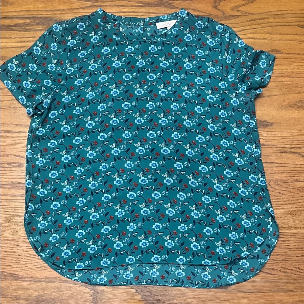 Loft Teal Floral Short Sleeve Blouse